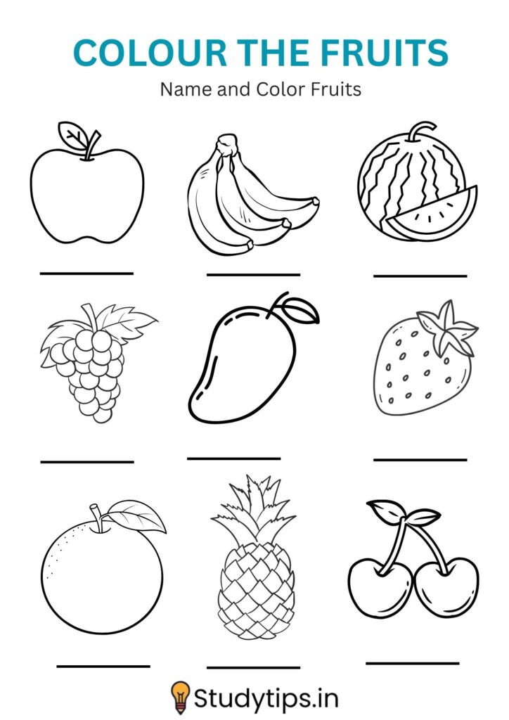 Coloring and Write Names Sheets for Fruits 1
